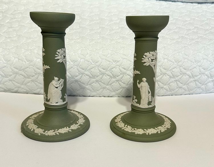 2 Wedgwood Green Jasperware Candlesticks 6.75”