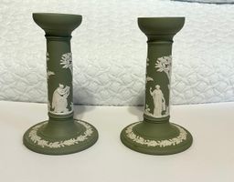 2 Wedgwood Green Jasperware Candlesticks 6.75”