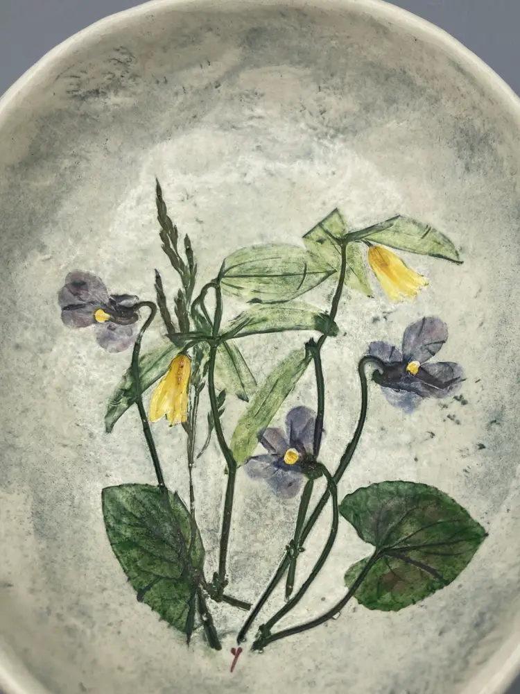 Salt Marsh Pottery Violets Wild Oats Trinket Dish or Wall Hanging - Signed Pam 1989