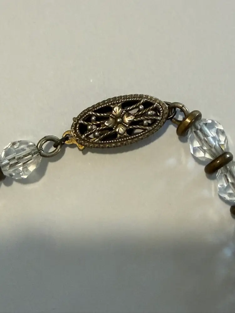 Vintage Art Deco Faceted Rock Crystal Bead Necklace With Sterling Silver Clasp. 14”