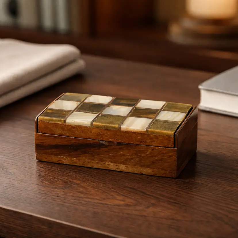 Vintage Inlaid Checkered Horn Veneer Trinket Box, 2.5" x 1.5"