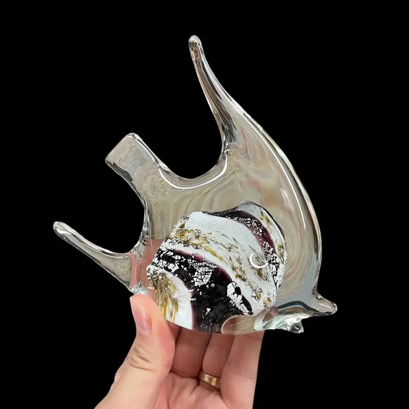 Art Glass Fish Paperweight, White Purple And Silver Fleck Glass Fish Figurine