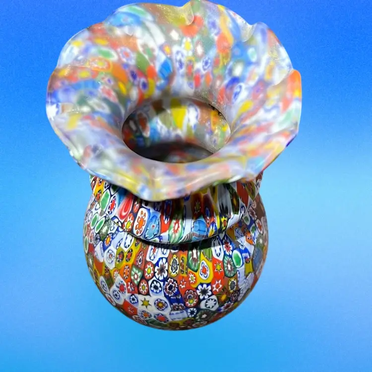 A Murano glass vase with millefiori canes and a ruffled rim. Italy, 4” Not Signed