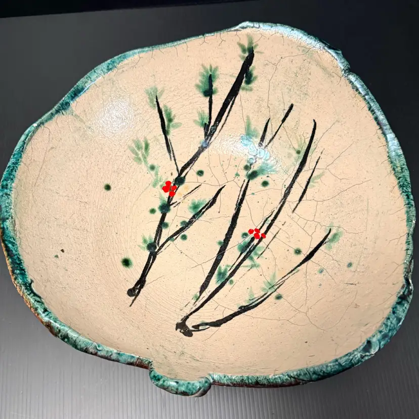 Mel Sundby Handcrafted Art Pottery Raku Pottery  Wis. Potter Berries & Foliage