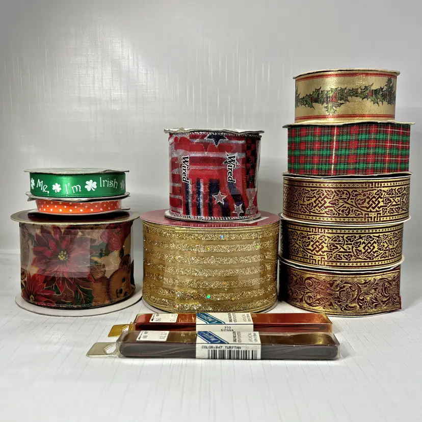 Holiday Christmas Ribbon Lot 12 Plaid Tartan Crafts Bows Wired Vintage