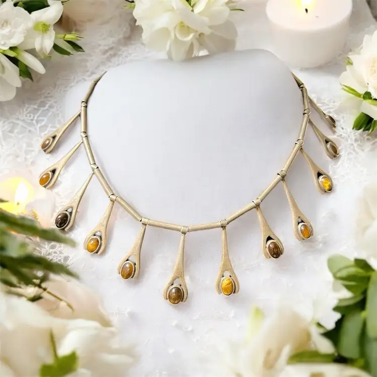 014 Vintage Sterling Taxco And Tiger Eye Necklace