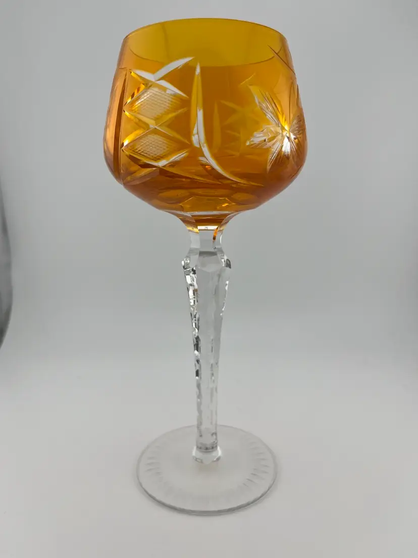 Czech Bohemian Cut to Clear Orange Crystal Wine Glass, Grape pattern