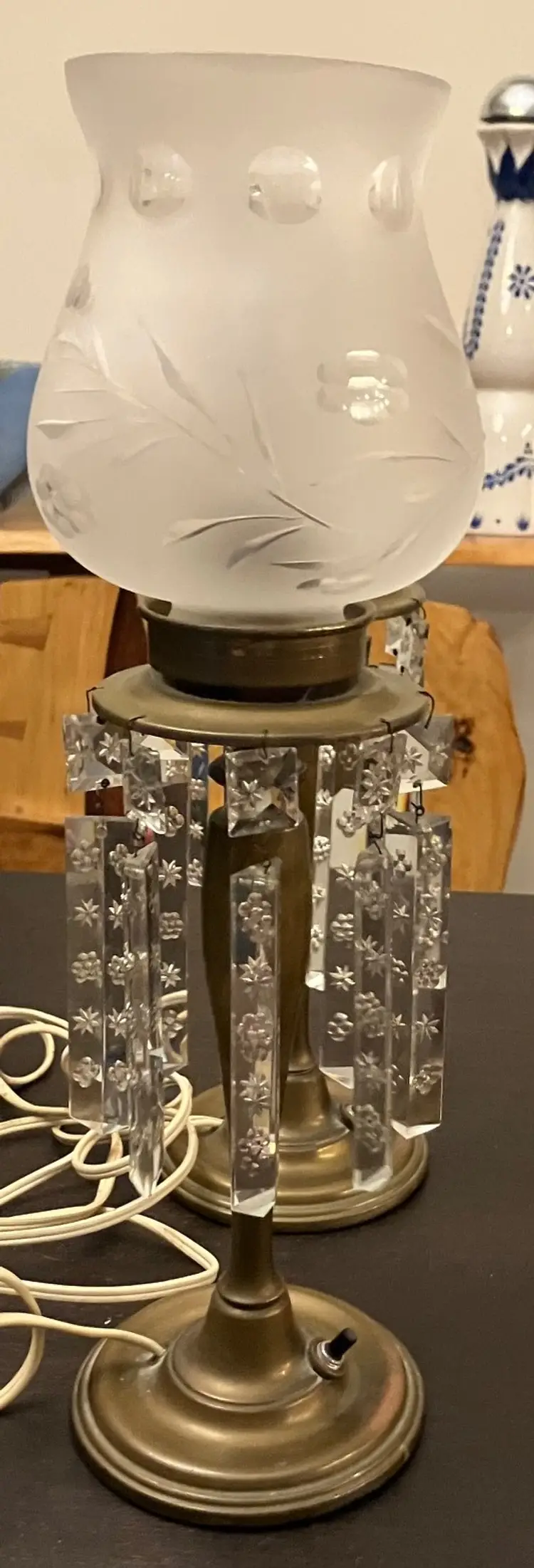 Antique Pair Lamps Brass Base Stem Suspended Cut Glass Prisms With 1 Glass Shade