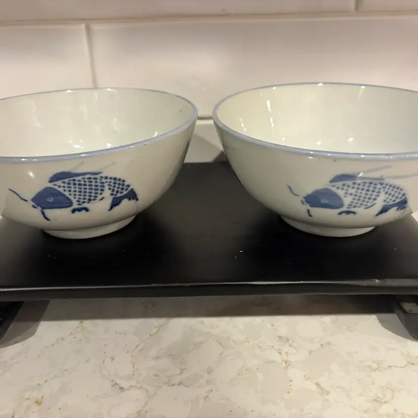 Pair Vintage Chinese Blue White Koi Fish Bowls 4.5" Rice Carp Porcelain