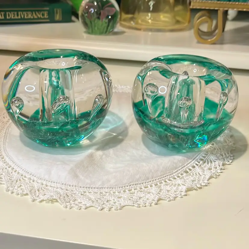 Pair Of Vintage Dichroic Controlled Bubble Paperweight Taper Candlestick Holders 4x3.5” Each