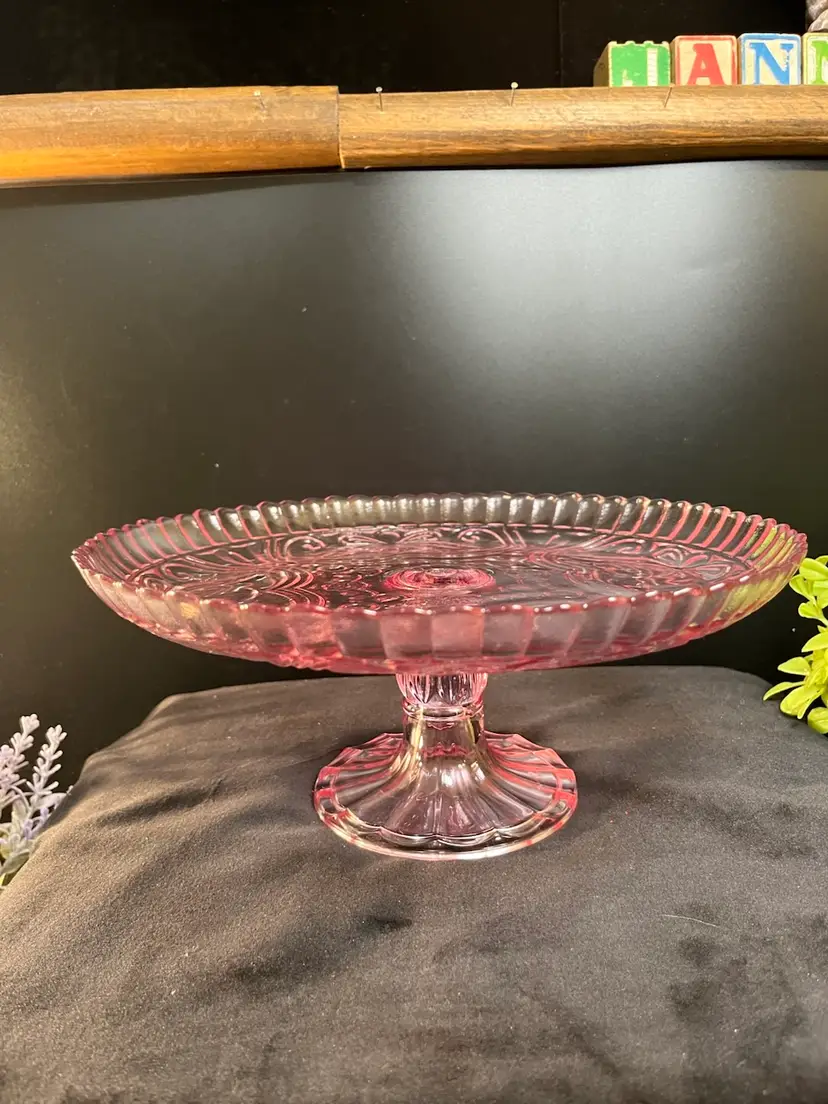 Vintage Inspired Pink Glass Cake Stand w/ Scalloped Rim