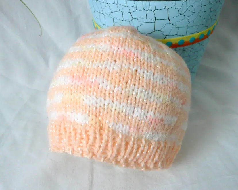 Handmade Knit Peach & White Stripe Preemie Newborn Hospital Or Doll Hat Beanie 11"