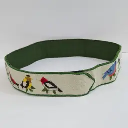 Vintage Needlepoint Song Bird Cloth Belt Velcro Snap Birding Cottagecore 32"