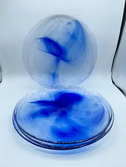 Set/4 Bormioli Rocco Murano Cobalt Blue Swirl Glass 11”Dinner Plates (scratches)