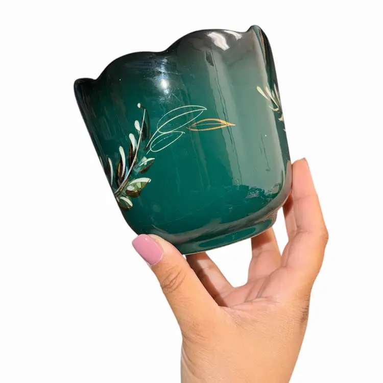 Vintage Sascha Brastoff Bowl Vase Green Hand Painted Signed Mid Century Modern Pottery 4.5”