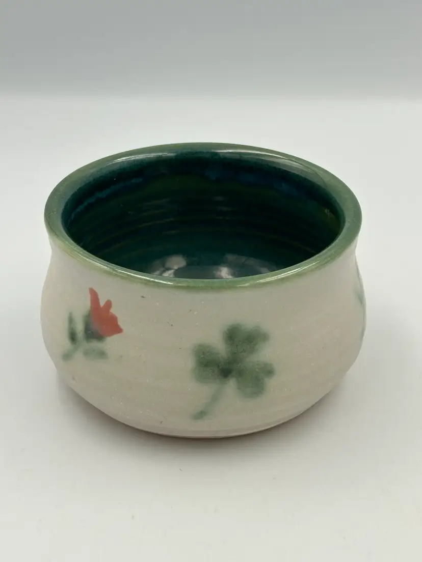 Handmade House Pottery, Texas, Shamrock And Floral Serving Bowl