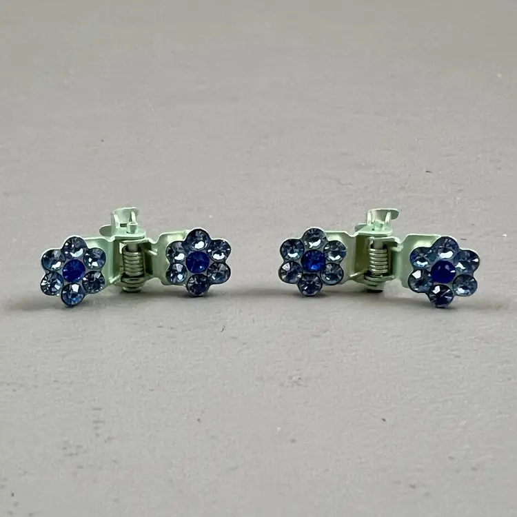 Vintage Metal Hair Clips With Blue Rhinestones Flowers Accessories Jaw Clip 3/4 Inch