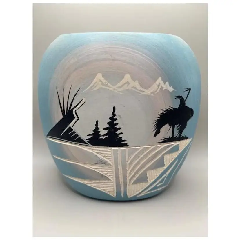 #01 Vintage Navajo Handcrafted Etched  and Signed Southwestern Pottery Vase - Scenic Design - 6.5 inches tall