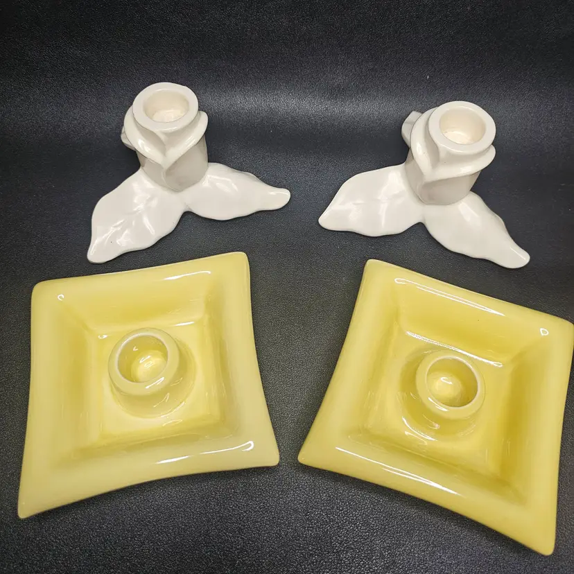Set of 2 Red Wing Pottery Vintage Candle Holders White Magnolia & Yellow Squares