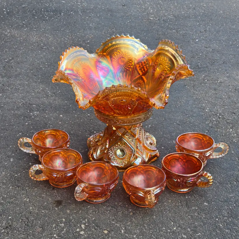 Carnival Glass Punch Bowl, Stand & set of 6 Cups 1915-20 Marigold Imperial Glass