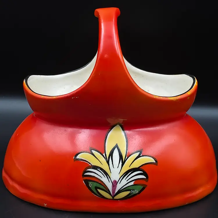 Antique Czechoslovakian Ceramic Basket Orange with Yellow and White Floral Design