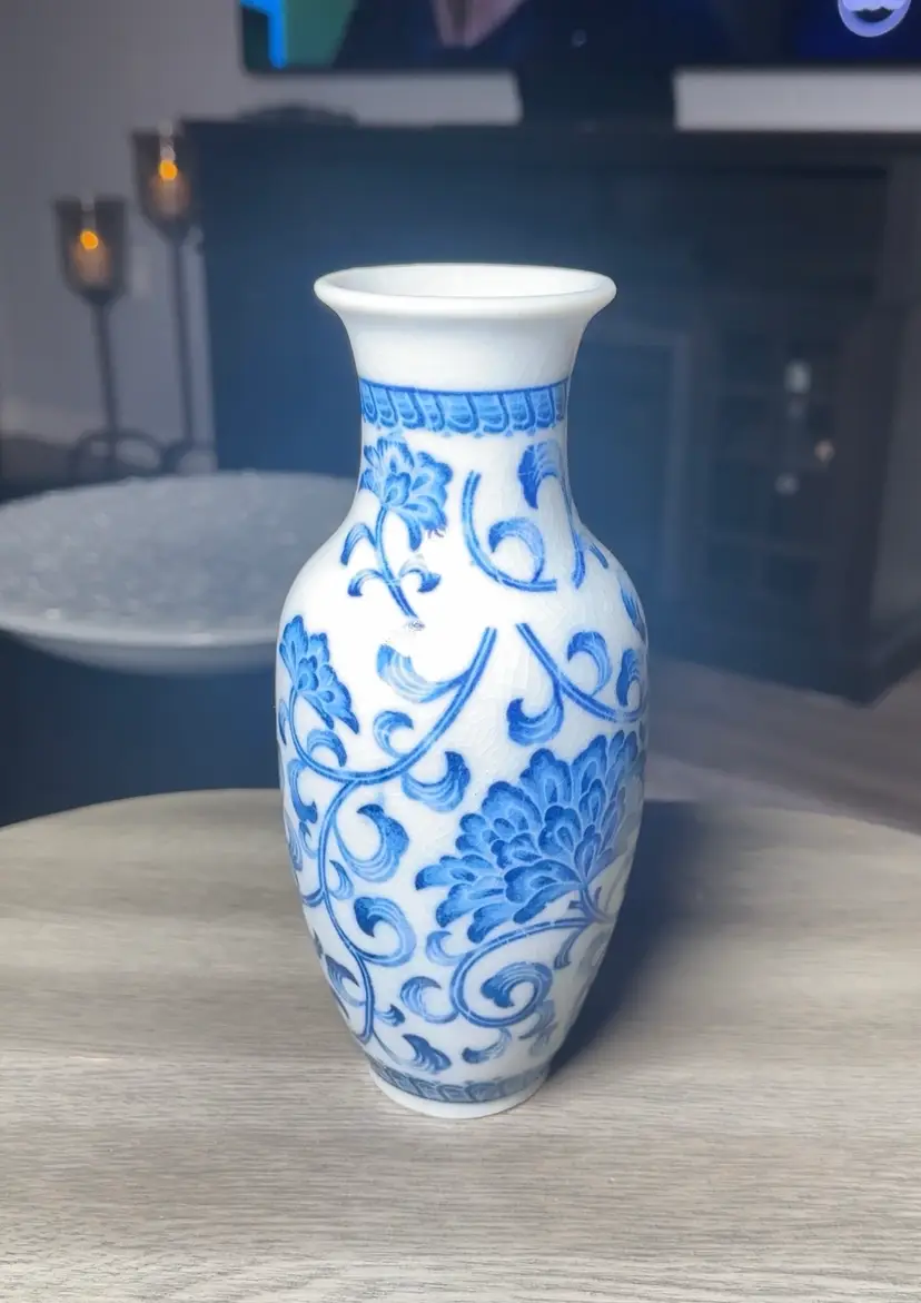 Andrea Sadak Japan Blue and White Vase 8” Tall Floral Mum Design With Crazing