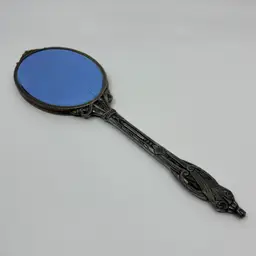 Vintage Art Nouveau Vanity Beveled Ornate Hand Mirror Iron Metal
