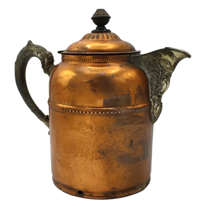 Antique Copper Brass Tea Kettle Coffee Pot Ornate Stamping Pattern Hinged Lid