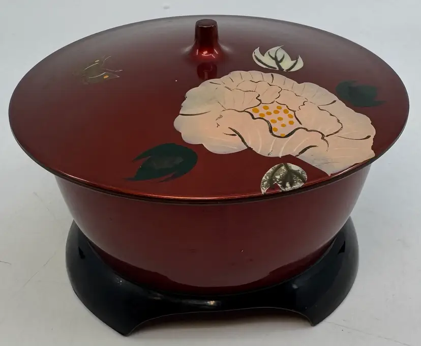 Vintage Japanese Lacquerware Bowl With Lid Hand Painted Floral Some Wear READ