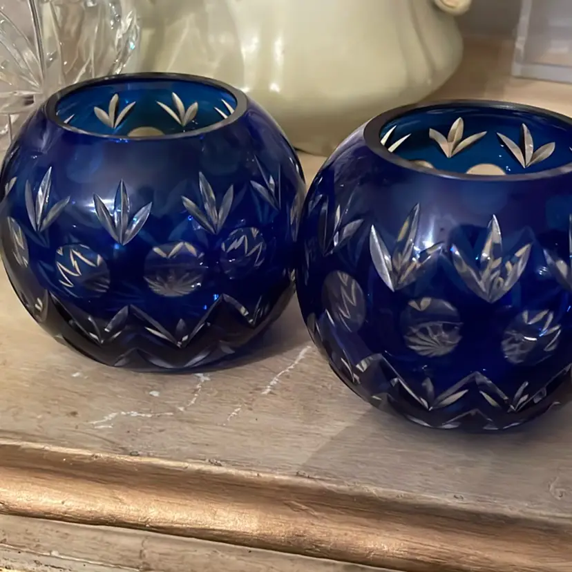 Pair Of Cobalt Blue Candle Bowls From Czechoslovakia