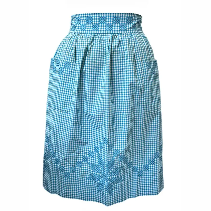 Gingham Cross Stitch Half Apron Blue Prairie Cottage Core Granny Vtg Country READ