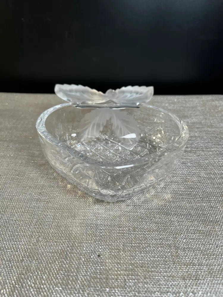 Strawberry Crystal Trinket or Candy Dish. Dish Itself is Clear Crystal the Leaves are Satin