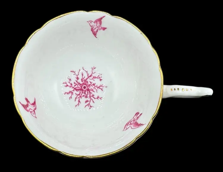 Vintage Coalport Footed Teacup Saucer White Pink Gold Rim Bird Branch Bone China