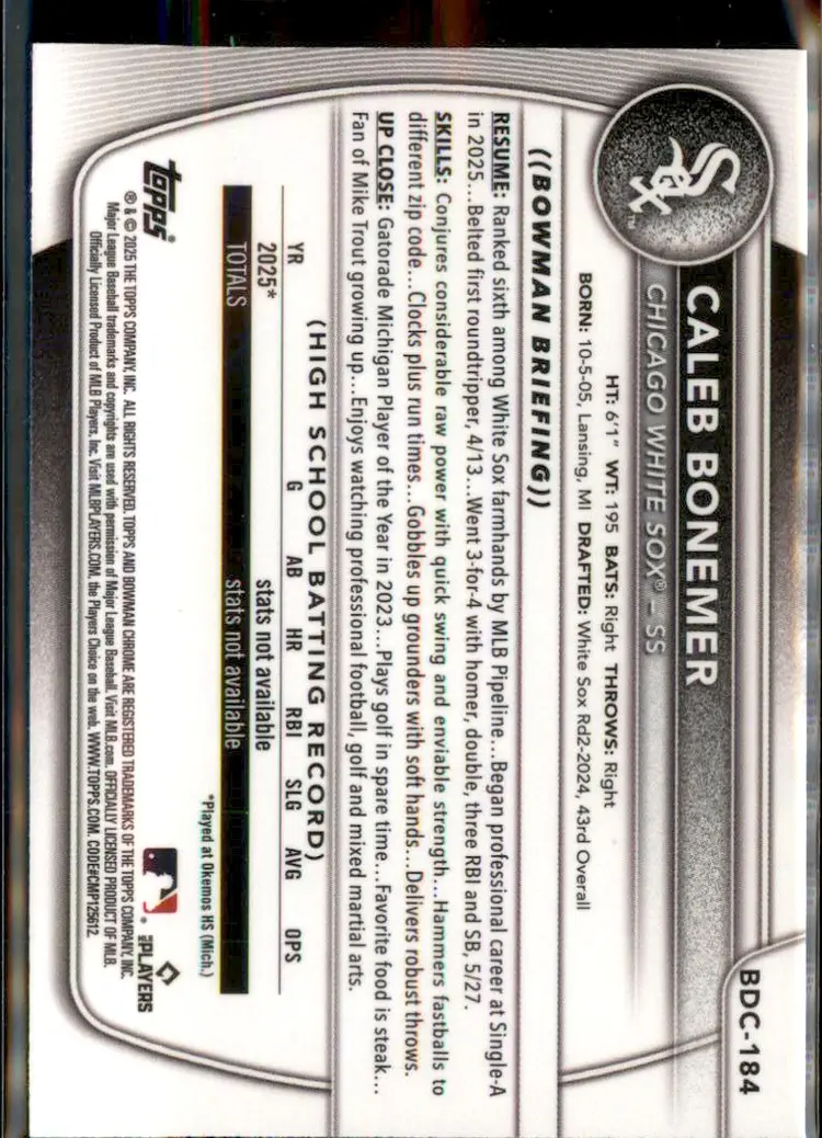 2025 Bowman Draft #BDC-184 Caleb Bonemer Chrome - (138) - Chicago White Sox