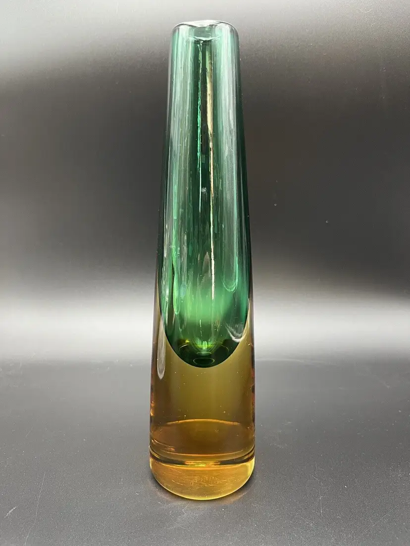 MCM 1950's Vintage Murano Salviati Art Glass Sommerso Vase Bottle Green Amber