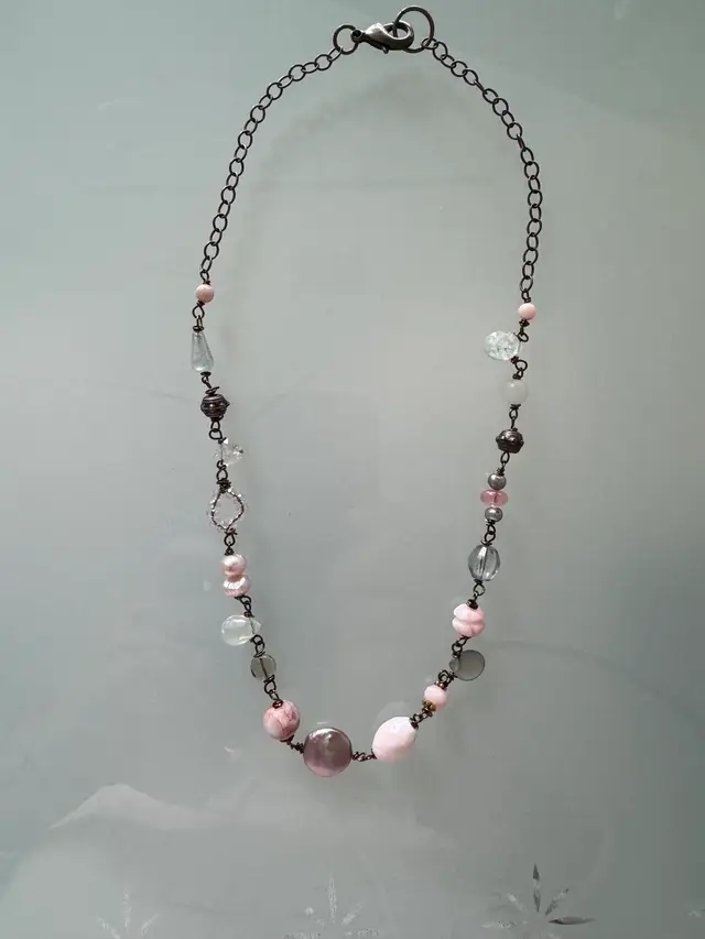 #33 Antique Brass Chain Link Necklace Adorned With Wire Wrapped Gemstones Crystals Glass Vintage Beads Multiple Shapes Browns Whites Blue Mauves Salmon Labradorite Briolette 16 3/4”