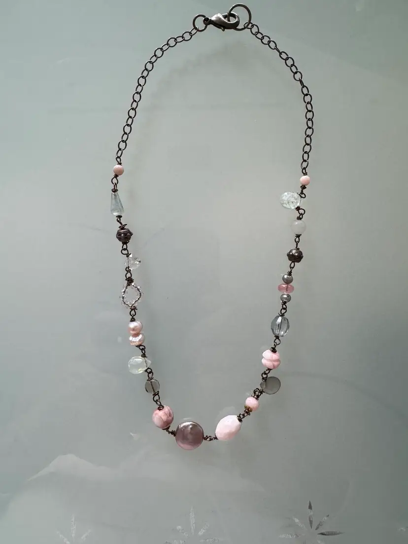 #33 Antique Brass Chain Link Necklace Adorned With Wire Wrapped Gemstones Crystals Glass Vintage Beads Multiple Shapes Browns Whites Blue Mauves Salmon Labradorite Briolette 16 3/4”