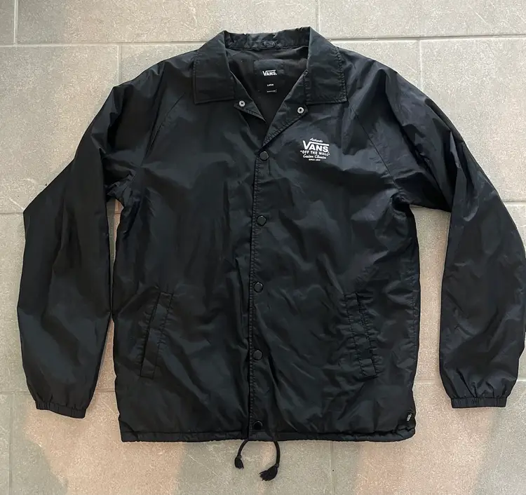 VANS Men Jacket Large Black Torrey Windbreaker Snap Front Logo Drawstring Hem