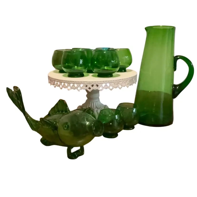 Vintage 1950’s Mid Century Hand Blown 16” Green Glass Fish Decanter W/ 10 Hand Blown Moroccan Style Glasses And Tall 13” Glass Pitcher Set