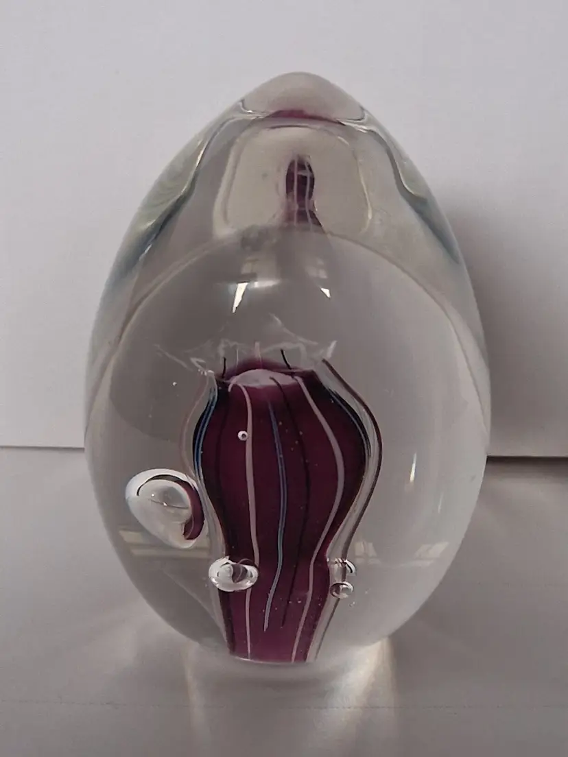Vintage Schmidt Rhea Purple, White Mini Art Glass Egg/Ovoid Paperweight c1992