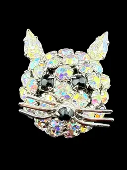 Warner Cat Head AB Rhinestone Brooch 1"