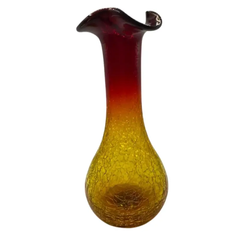 Rainbow Glass Hand-Blown Amberina Crackle Glass Vase w/Ruffled Edge, 7.5”, Excellent Condition, GLOWS!