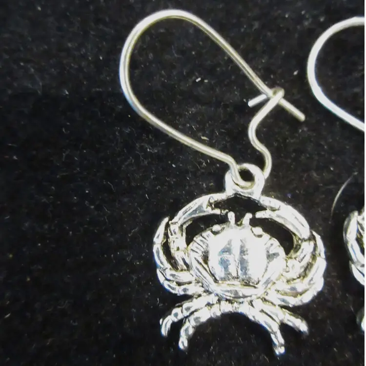 Vintage Silver Tone Metal Crab Dangle Earrings - Signed MJ