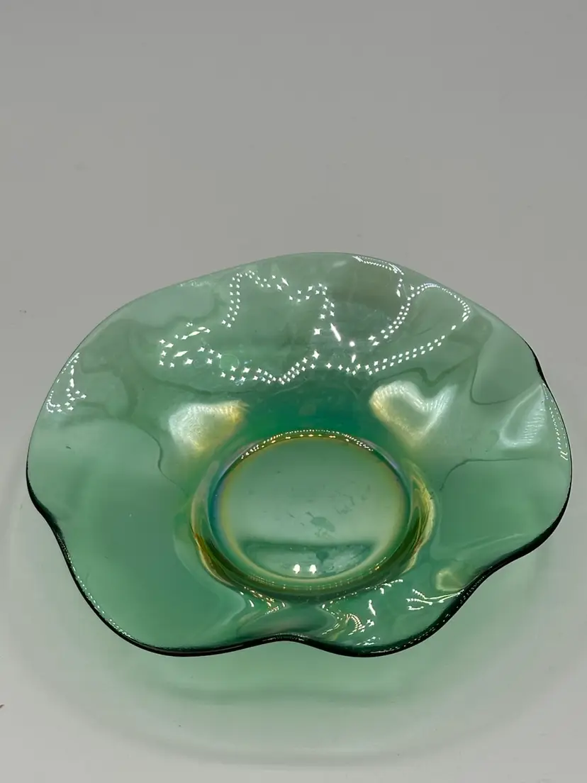 Vintage Iridescent Thin Ruffled Green Glass Dish