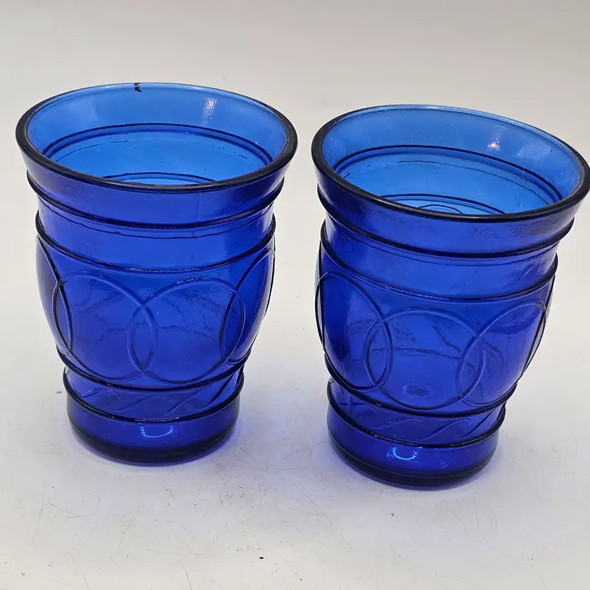 Vintage cobalt blue shot juice glasses with rings
