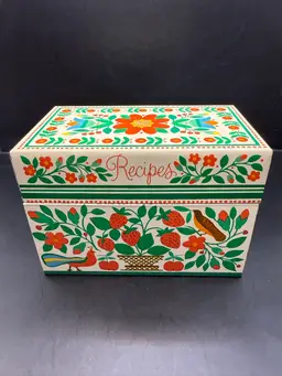 Hallmark Made In USA Folk Art Strawberries, Florals & Birds Recipe Tin 5.25x3.75”