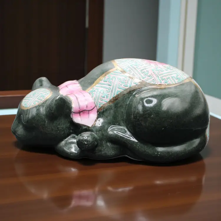 Vintage Asian Style Ceramic Sleeping Cat Figurine Hand Painted 10”x5 1/4”x4 1/4”