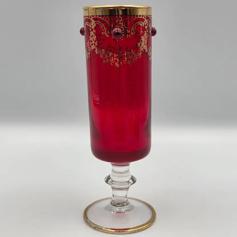 Vintage Czech Bohemian Ruby Red Jeweled Cordial glass with Gold Trim