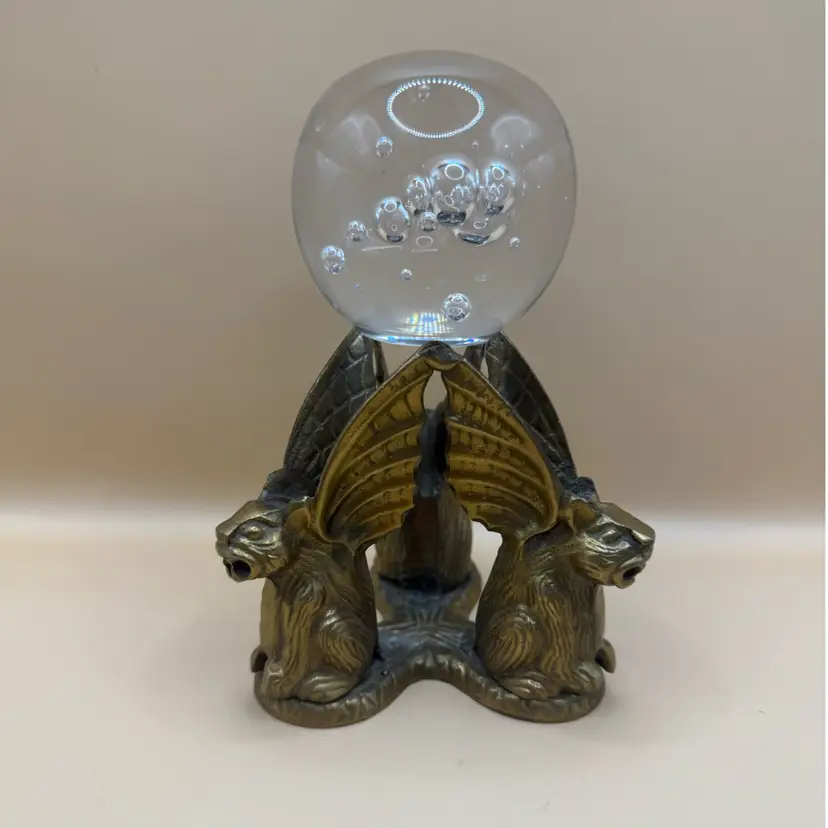 Brass Gargoyle Orb Stand 3.75” With Clear Polished Bottom Controlled Bubble Paperweight 2”
