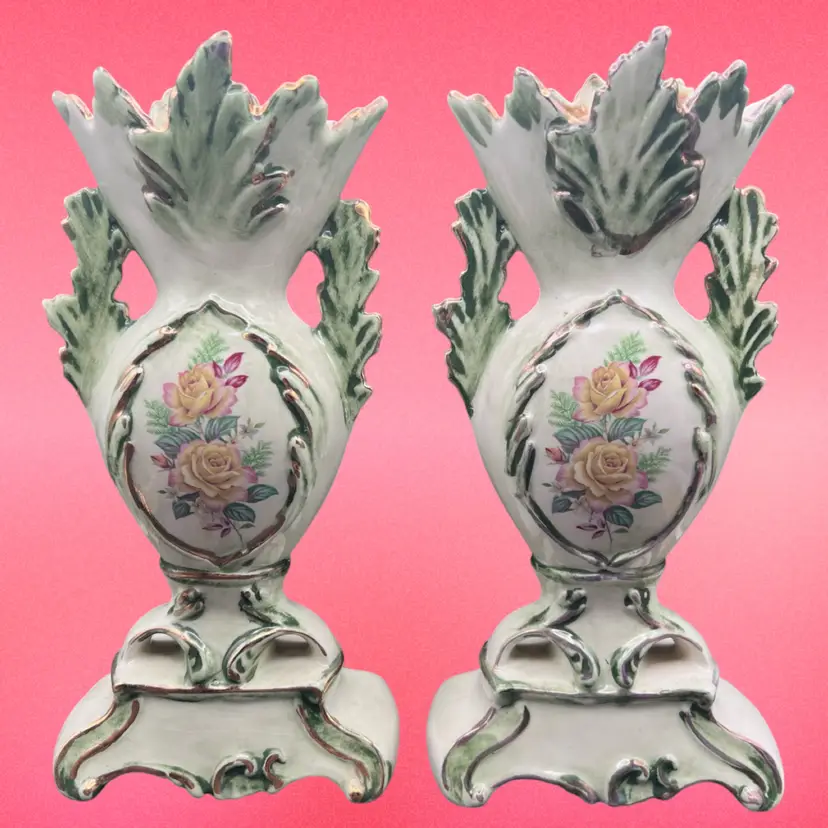 #122B Vintage Pair of LOMA Porcelain Victorian Style Vases. Hand Painted Lusterware Finish. Floral Appliqué On A Green And Cream Color Vase With Gold Accents